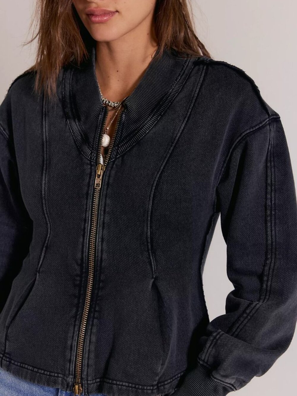 Free People Ziggy Zip-Up Jacket Sweatshirt Top Flared Black Cotton S 289959